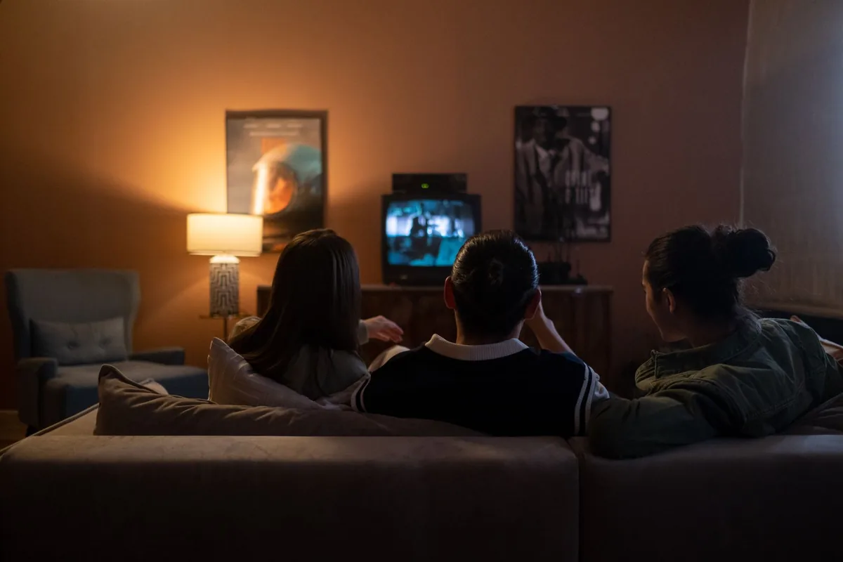 夜のリビングでテレビを見る家族
