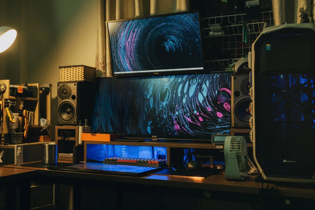 モニターとゲーミングPCが並ぶ夜のデスク